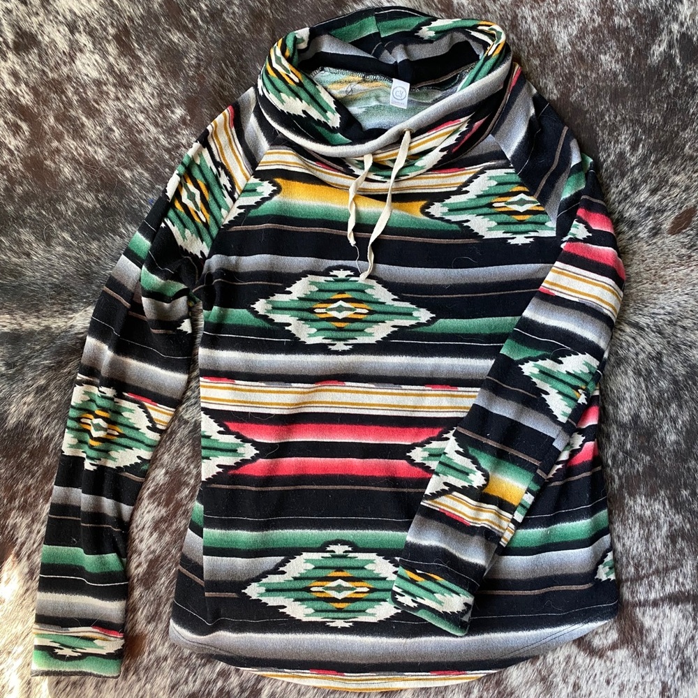 Tribal Print Cowl Neck Pullover